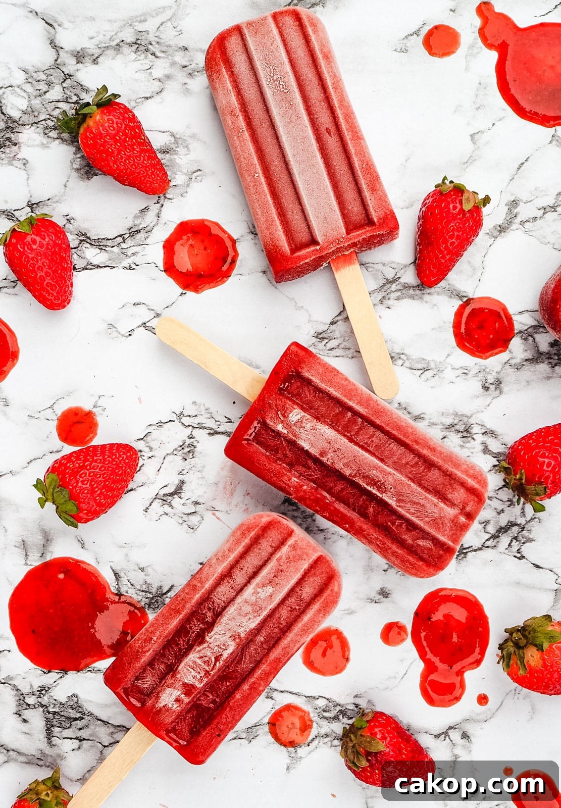 Strawberry balsamic popsicles with fresh strawberries.