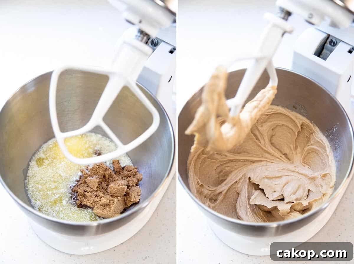 Chewy Milk Chocolate Chip Cookies Recipe for Perfect Cookies 4 Melted butter and sugar are beaten in a stand mixer bowl.