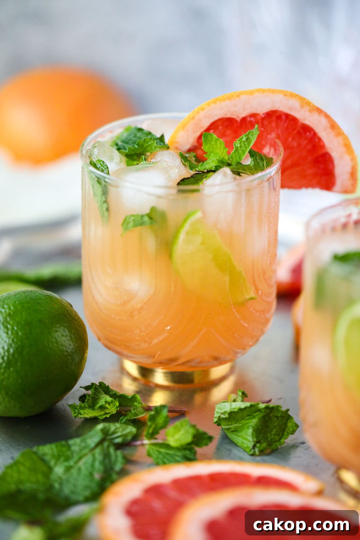 Grapefruit ginger beer Mocktail on a silver tray.