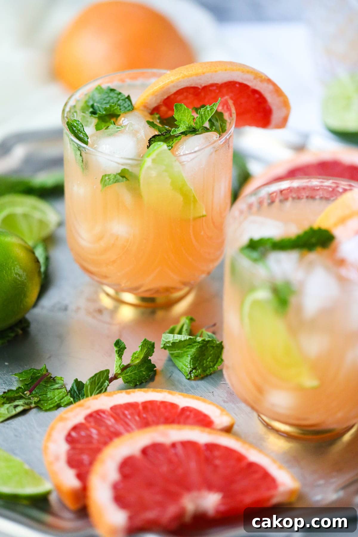 Grapefruit ginger beer Mocktail on a silver tray.