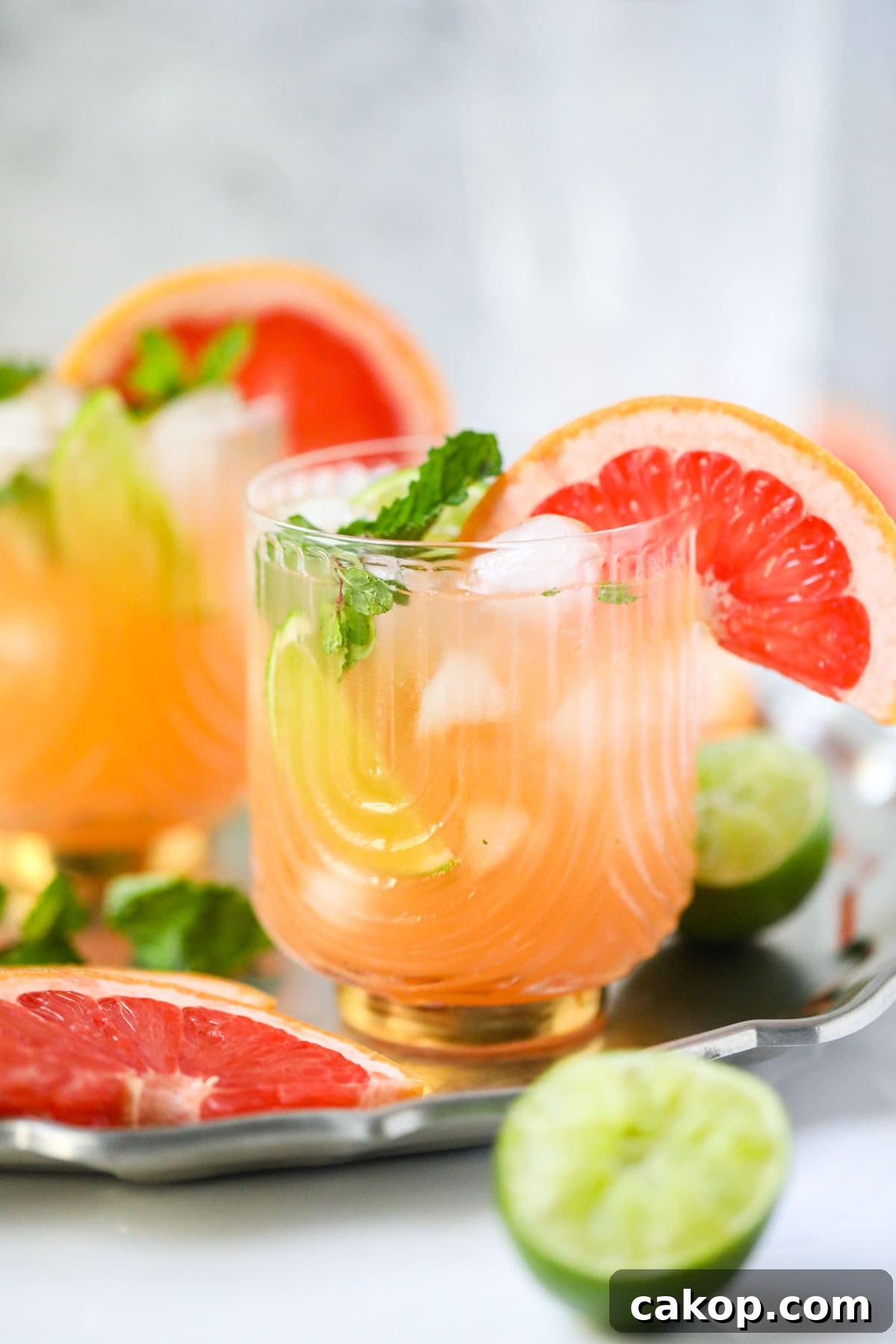 Grapefruit ginger beer Mocktail on a silver tray.