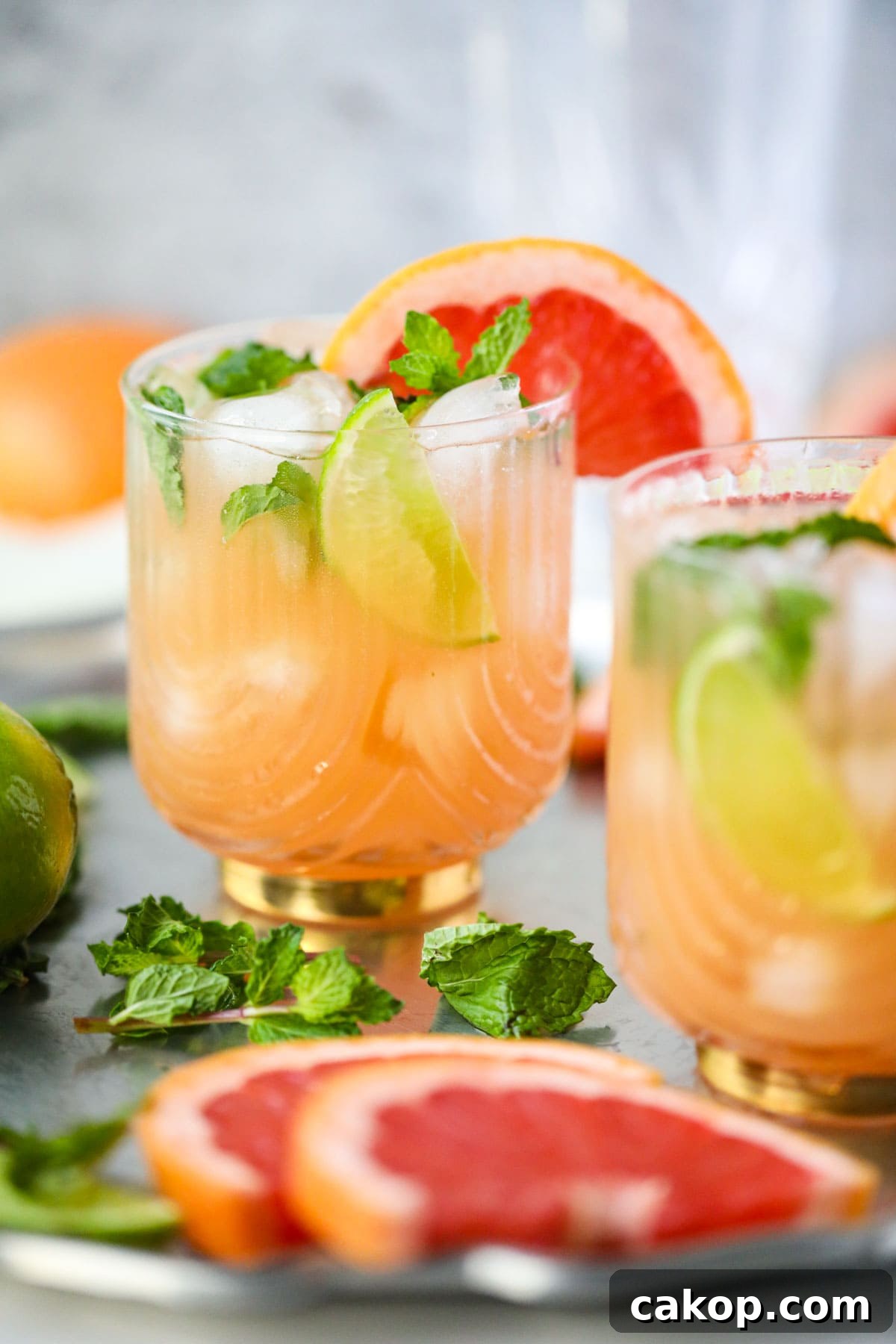 Grapefruit ginger beer Mocktail on a silver tray.