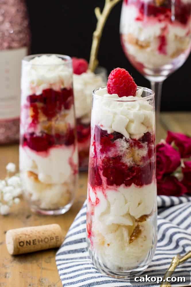 Raspberry and Chardonnay Trifles Recipe: Layered Wine-Infused Desserts 2 raspberry chardonnay trifle in stemless champagne flute