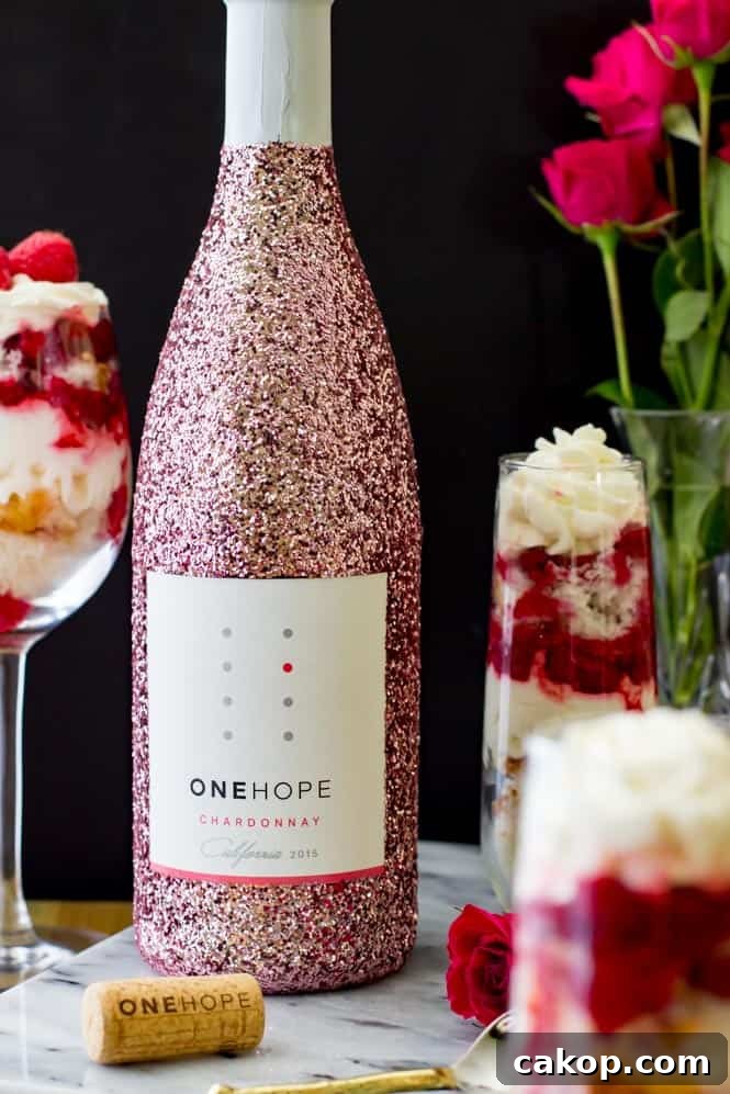 Raspberry and Chardonnay Trifles Recipe: Layered Wine-Infused Desserts 3 glittery pink chardonnay bottle