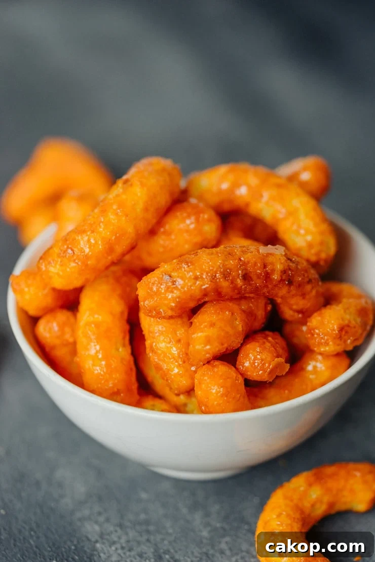 These candied caramel Cheetos are the ultimate sweet and salty snacks! Cheese puffs, brown sugar and a little bit of love make these irresistible! Candied Caramel Cheetos or Coyote Droppings in a white bowl.