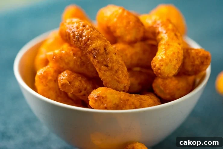 These candied caramel Cheetos are the ultimate sweet and salty snacks! Cheese puffs, brown sugar and a little bit of love make these irresistible! Candied Caramel Cheetos in a white bowl.