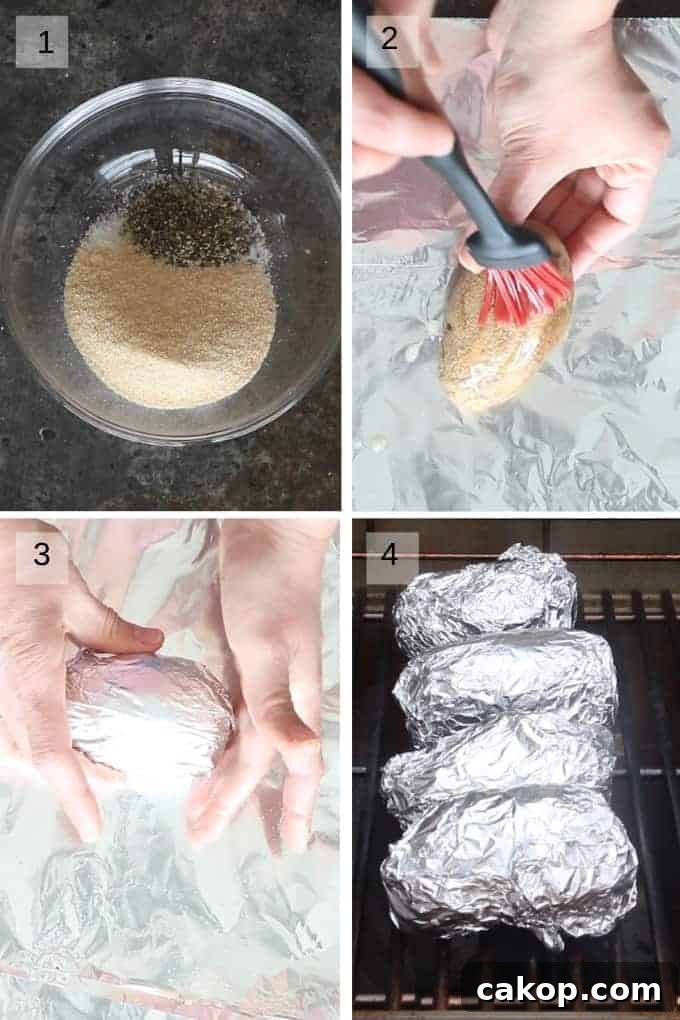 Collage of four images showing how to make baked potato on grill.