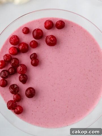 Close up of an overhead shot of Lingonberry Mousse topped with frozen lingonberries.