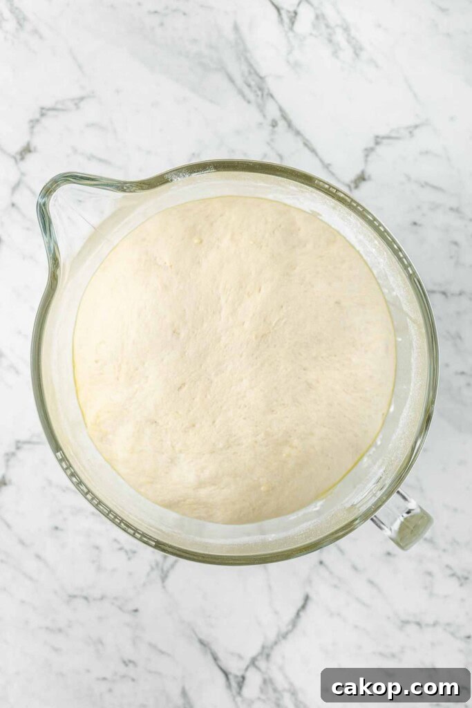 The risen pizza dough in a glass bowl.