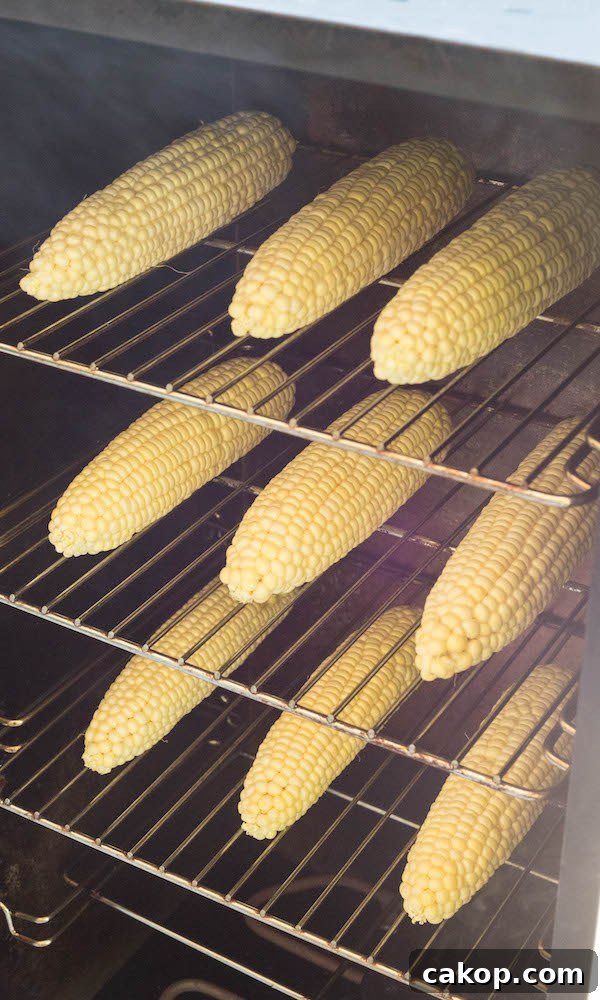 Three racks of corn inside a smoker