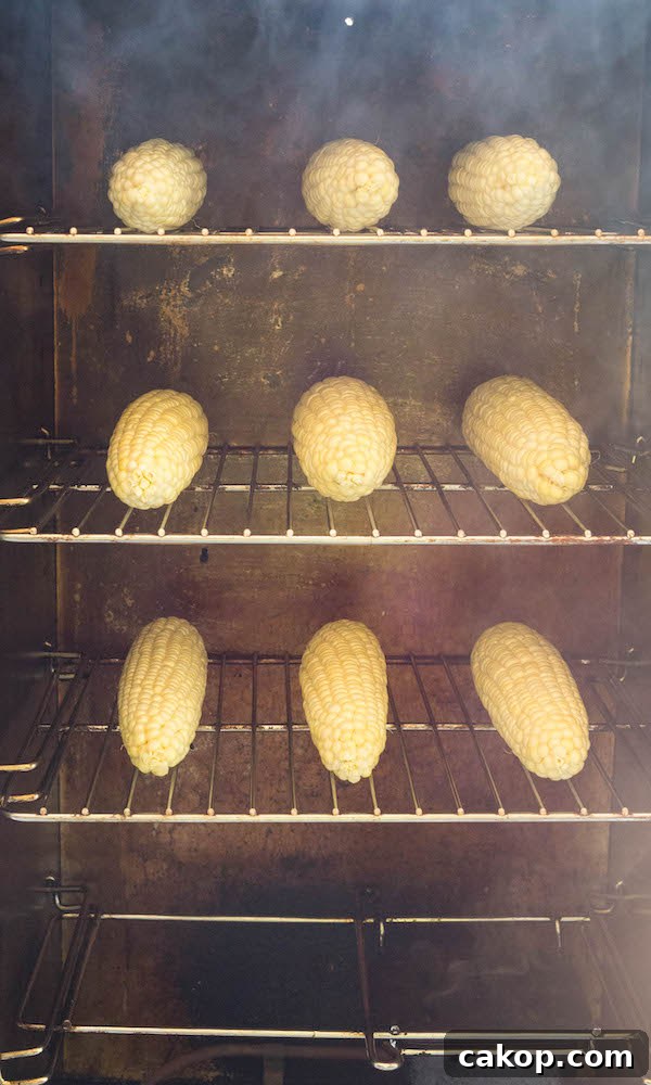 Head-on view of three racks of corn on the cob being cooked in a smoker