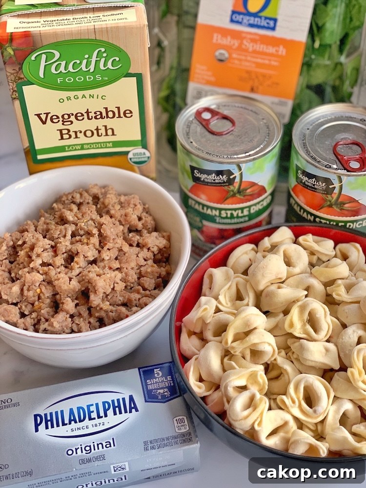 Creamy Italian Sausage Tortellini Soup Recipe 3 Six ingredients for making the best sausage tortellini soup in your slow cooker. Ground sausage, cheese tortellini, cream cheese, chicken broth, spinach, and canned tomatoes.