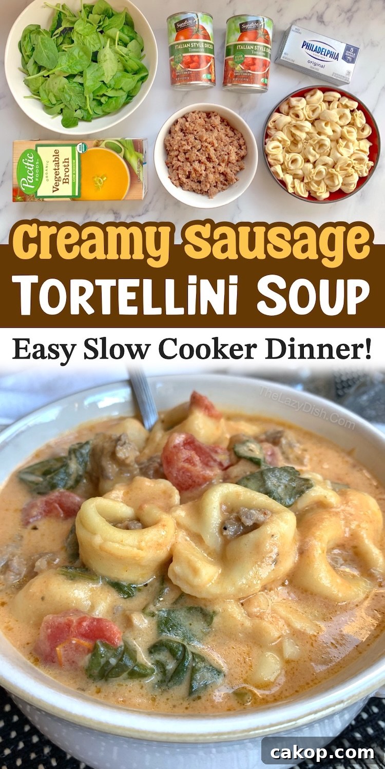 Creamy Italian Sausage Tortellini Soup Recipe 8 This easy slow cooker dinner recipe is ideal for busy weeknights when you have a picky family to feed. With jut a few ingredients and your crockpot, this make-ahead meal is sure to be a hit with your kids. It's filling, easy to make, and one of the most delicious comfort foods you'll ever make! The ground sausage gives it a ton of flavor.