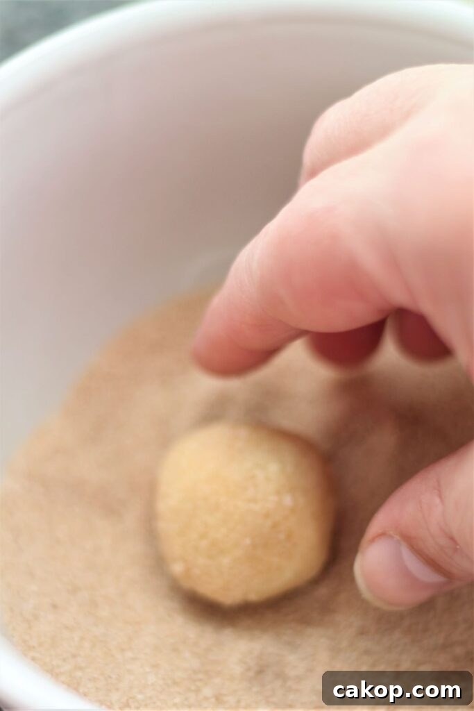 Perfect Gluten-Free Snickerdoodle Recipe for Soft, Chewy Cookies 5 rolling balls of dough into cinnamon and sugar
