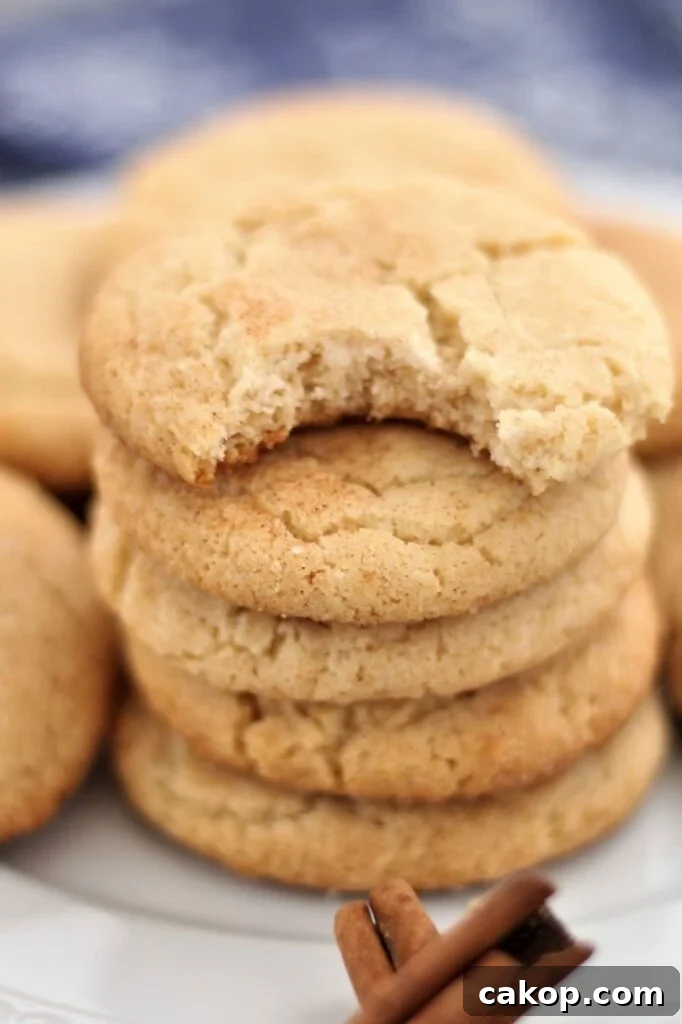 Perfect Gluten-Free Snickerdoodle Recipe for Soft, Chewy Cookies 6 stacked snickerdoodle cookies with bite taken out of top one