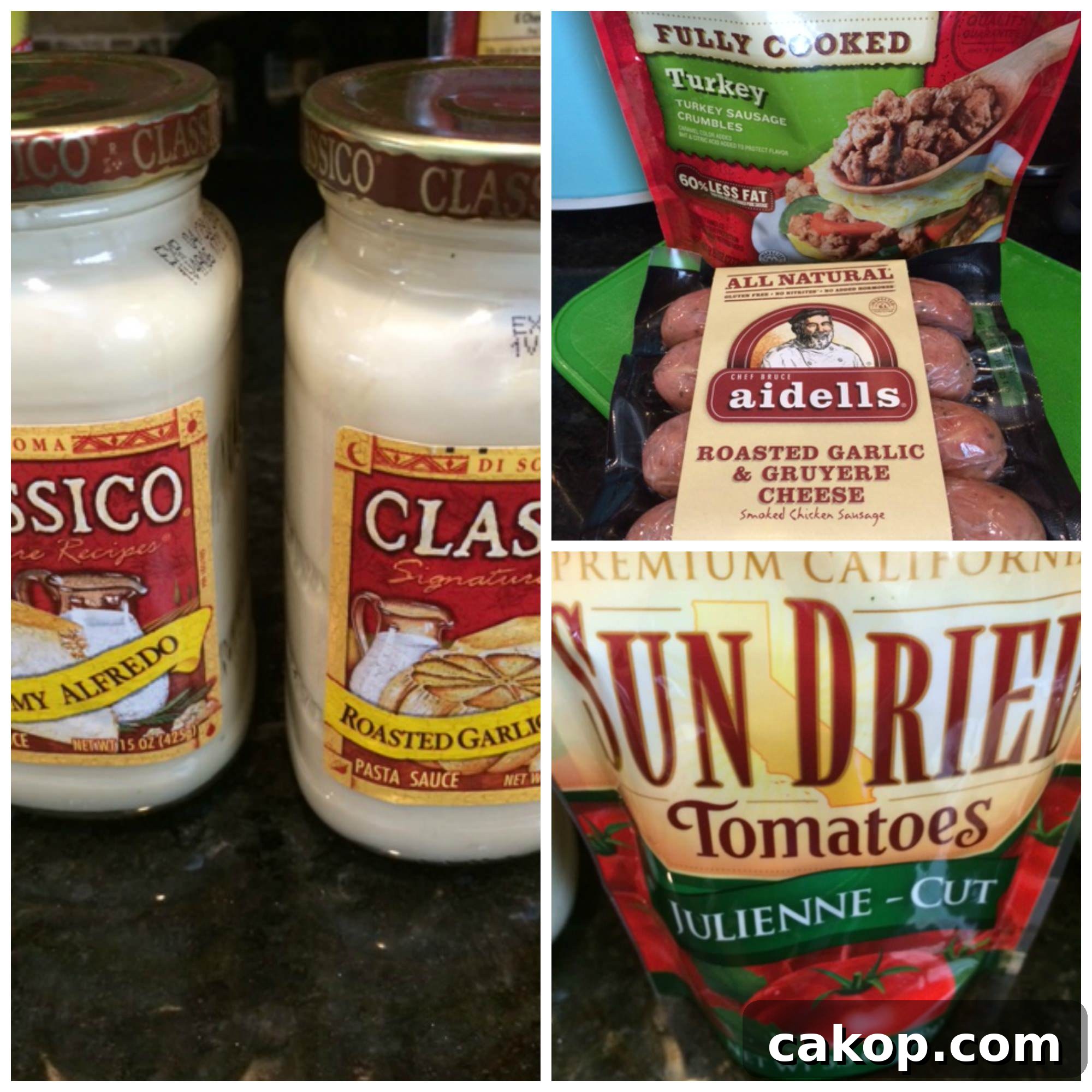 2 jars of alfredo sauce, a package of sun dried tomatoes, sausage, and cheese