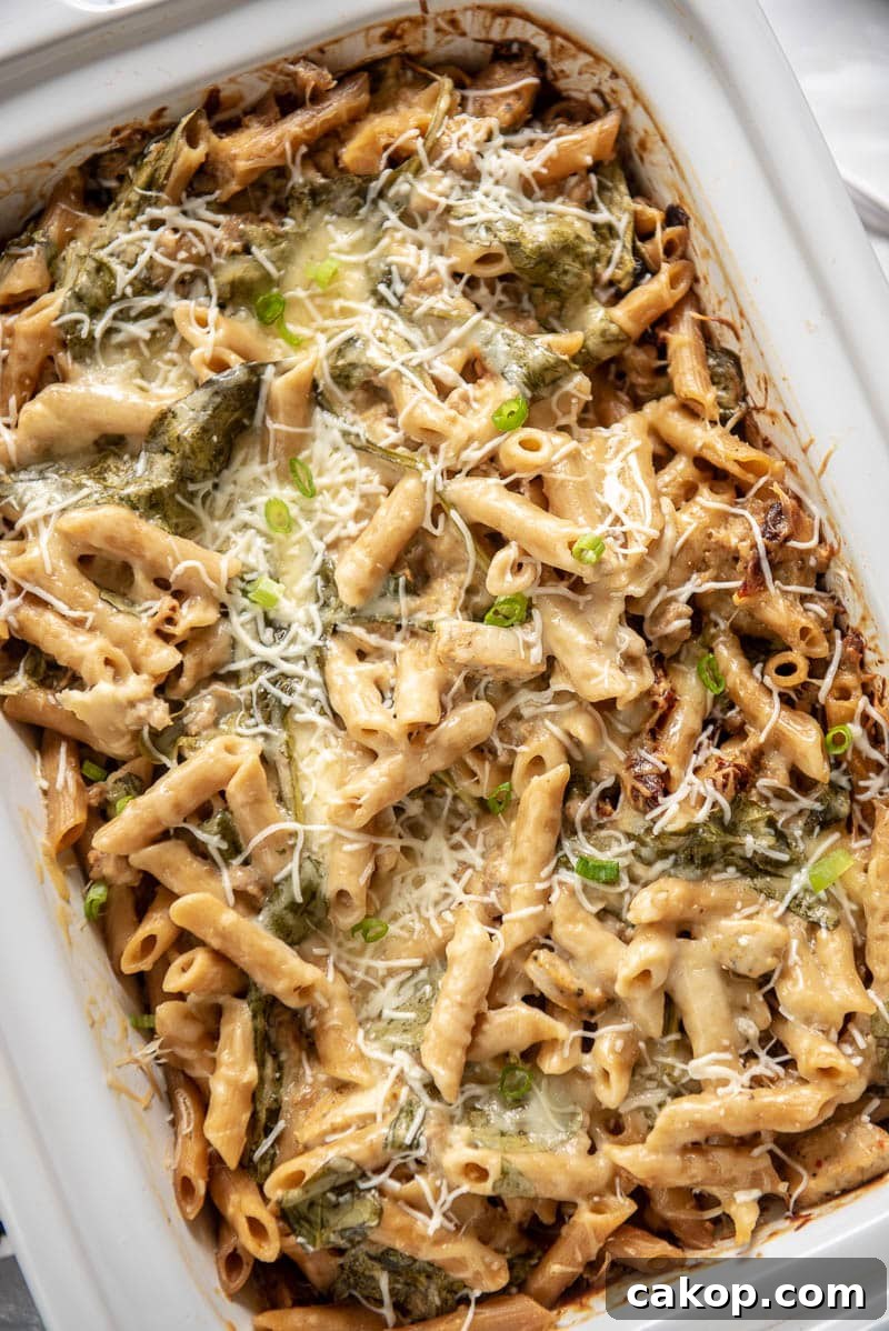 cooked sausage pasta bake in a slow cooker