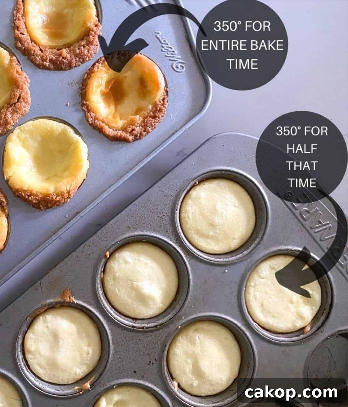 Mini Cheesecakes with Cookie Crust — Irresistible Bite-Sized Treats 8 Comparison of mini cheesecake cups in muffin pan at different bake times.