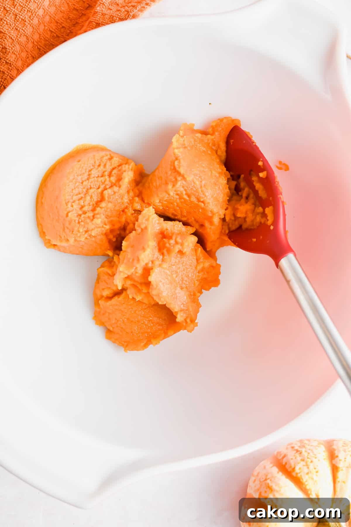 2-Ingredient Pumpkin Spice Muffins — Quick Autumn Recipe 4 The pumpkin puree is added to a large bowl with a red spoon.