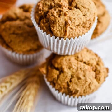 2-Ingredient Pumpkin Spice Muffins — Quick Autumn Recipe 10 Four muffins are stacked with a piece of wheat underneath the pyramid.