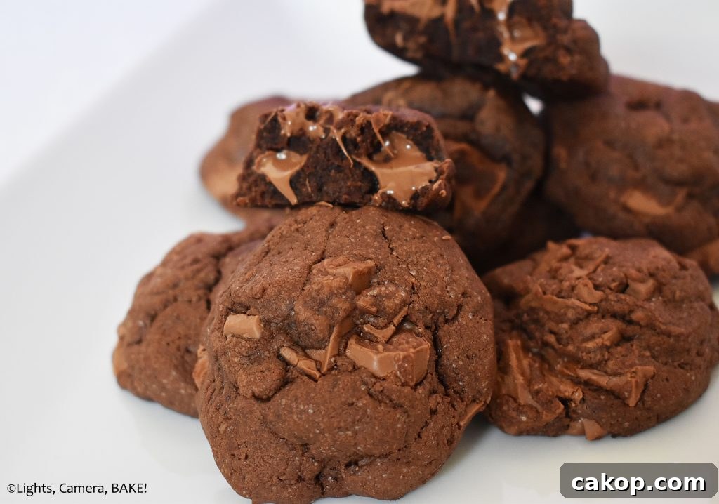 Ultimate Chocolate Chunk Cookie Recipe for Perfect Chewy Cookies 3 Pile of double chocolate chunk cookies.