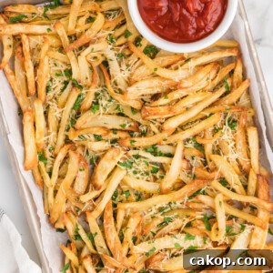 Crispy Air Fryer Truffle Fries Recipe 6 Overhead shot of truffle fries on a serving platter with a side of ketchup in a bowl.