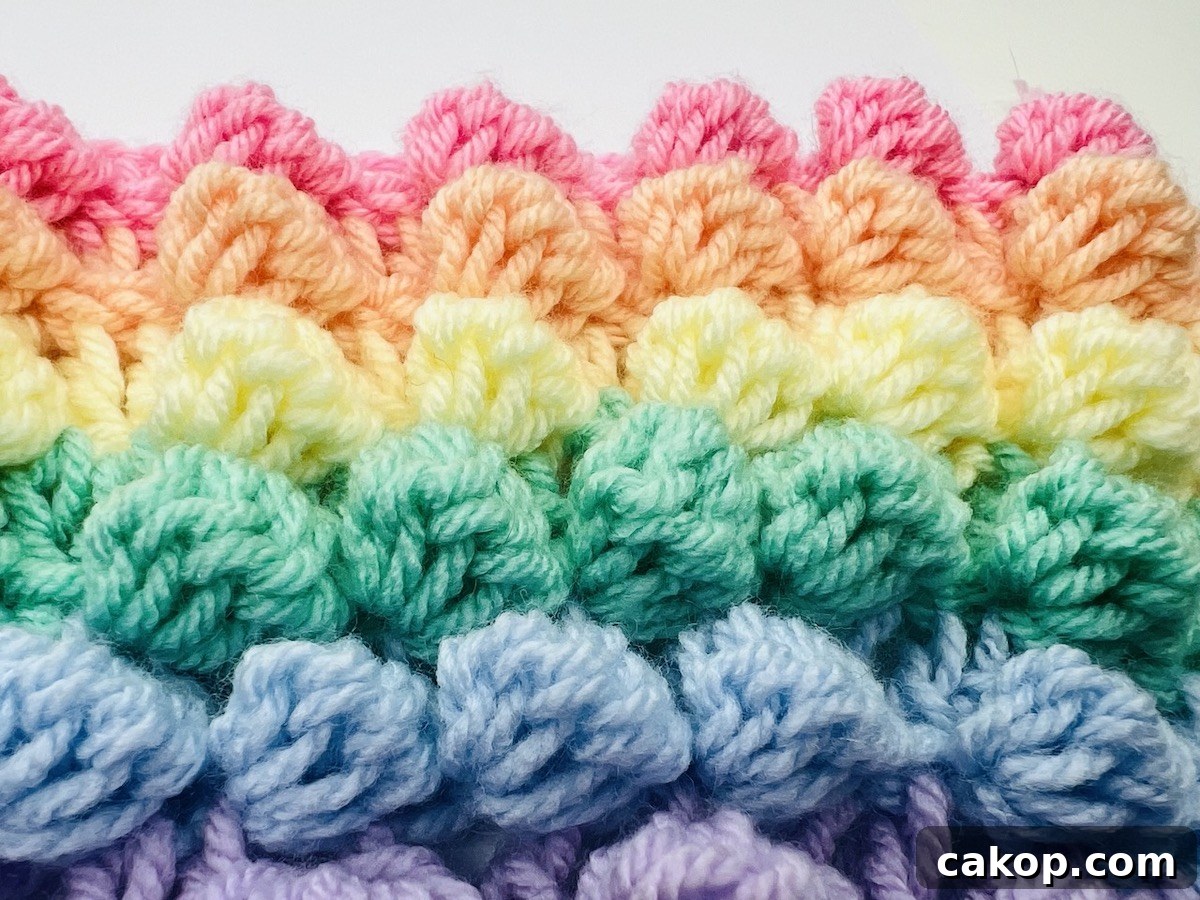 How to Crochet a Bobble Stitch Border: Step-by-Step Guide 3 Finished multicolored bobble stitch pattern in pink, orange, yellow, green, blue, and purple.