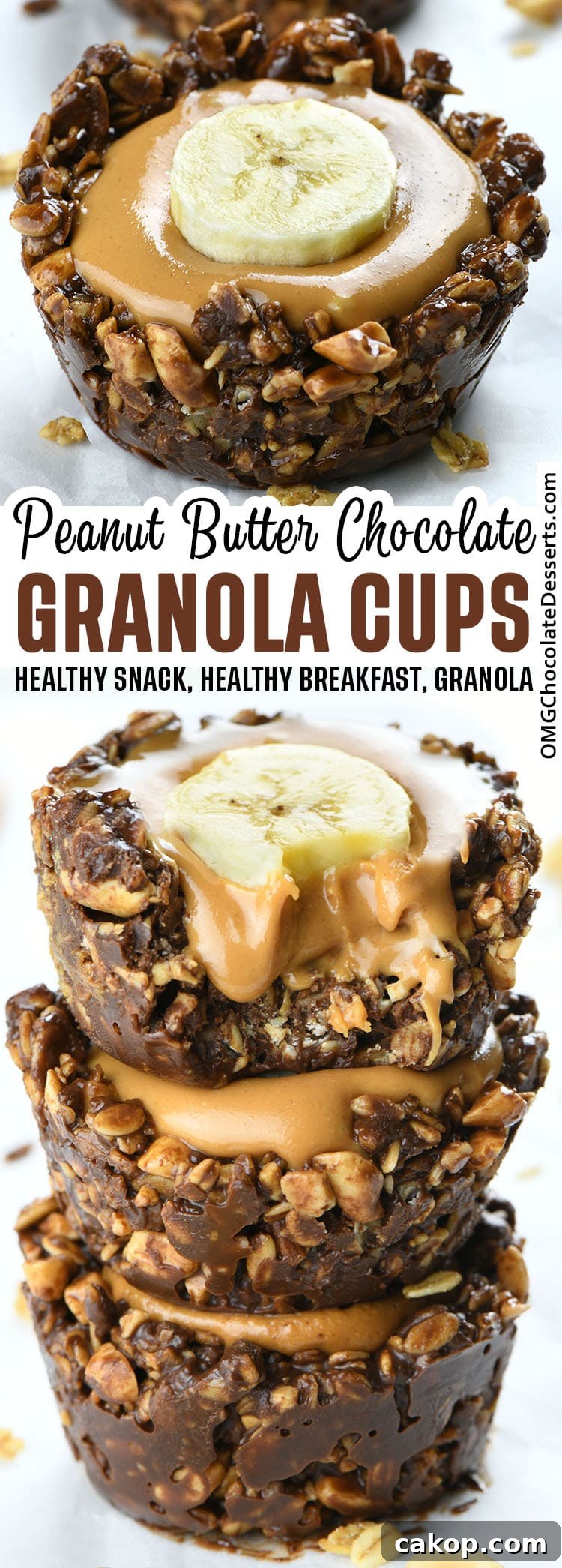 Chocolate Granola Cups with Peanut Butter Filling — No-Bake Treats 6 Two images of Chocolate Granola Cups with Peanut Butter Filling.