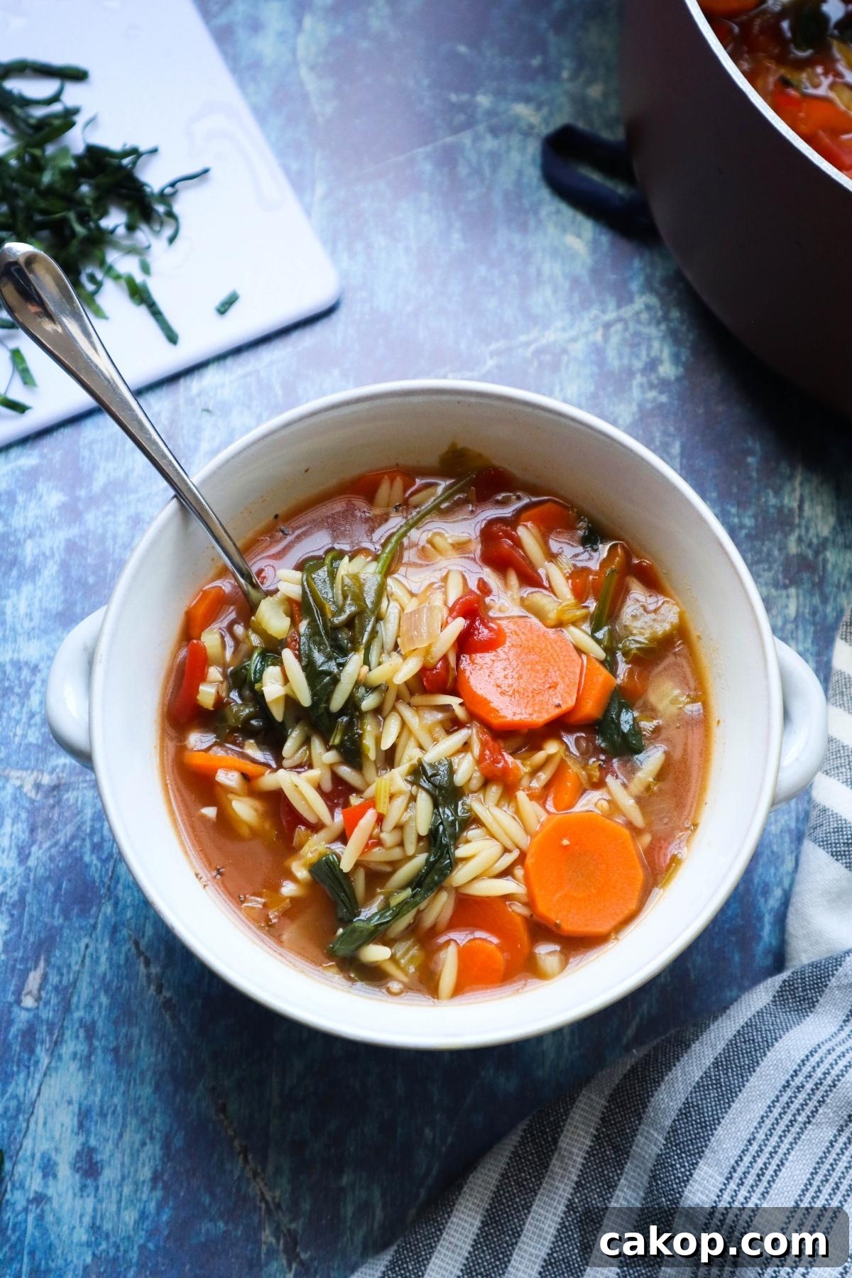 white bowl with vegetable orzo soup topped with fresh basil.