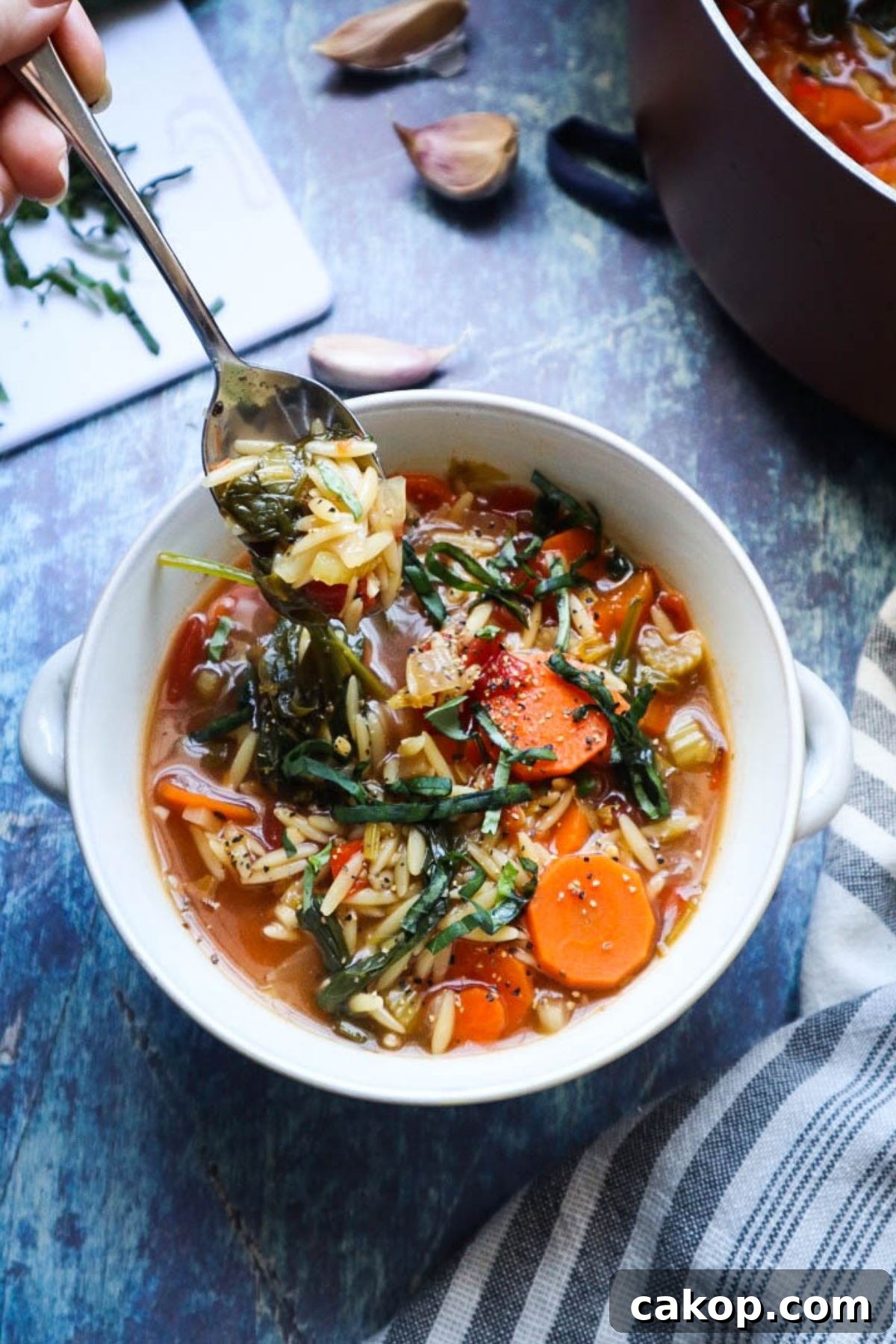 white glass bowl with orzo vegetable soup scooped up with a spoon.