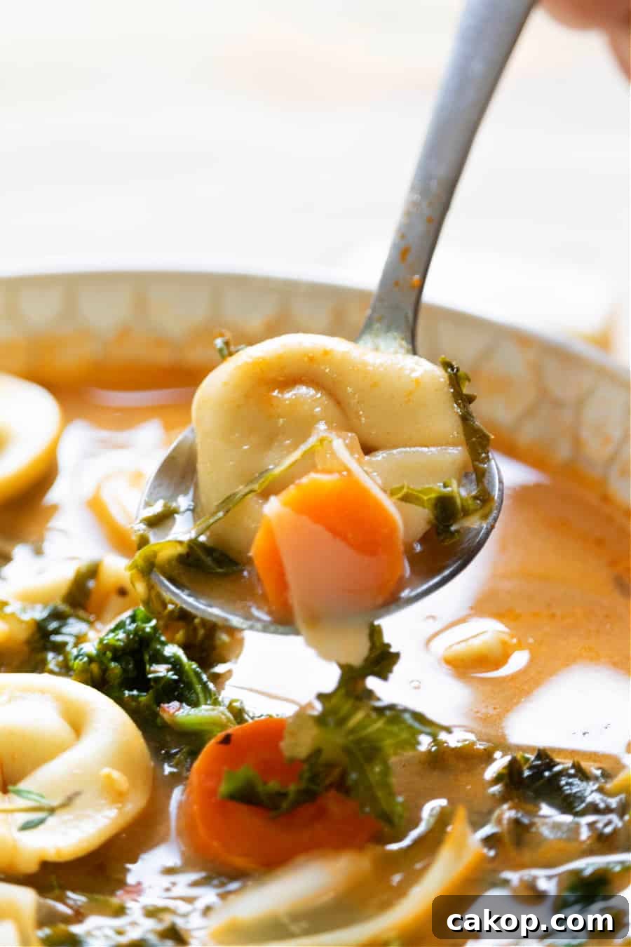 Bowl of vegan tortellini soup