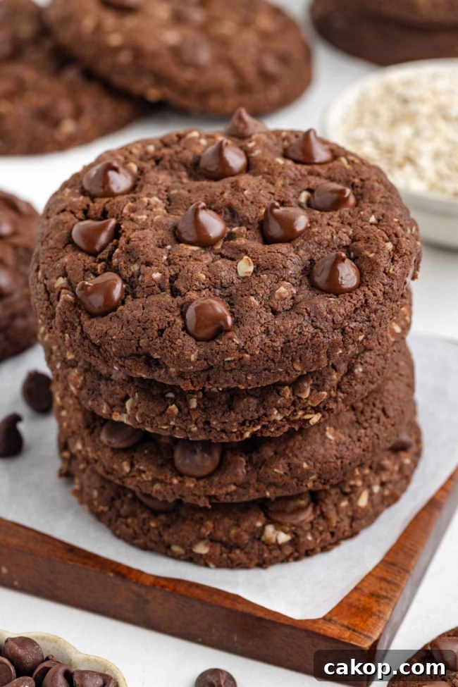 close-up of a stack of cocoa oatmeal cookies on a white table with more cookies in background