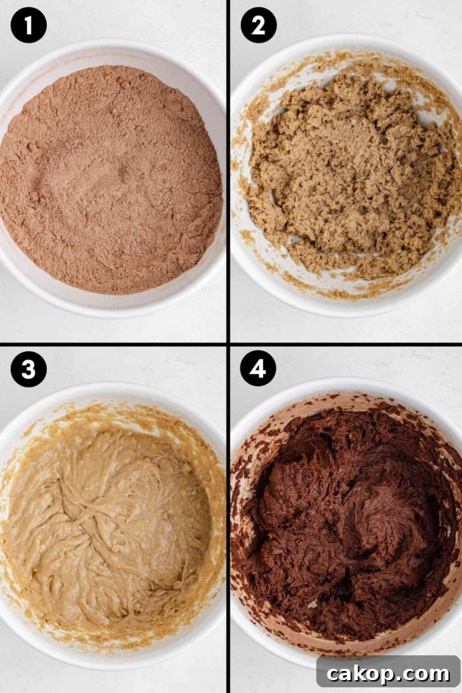 collage showing the mixing together of ingredients for cocoa oatmeal cookies dough