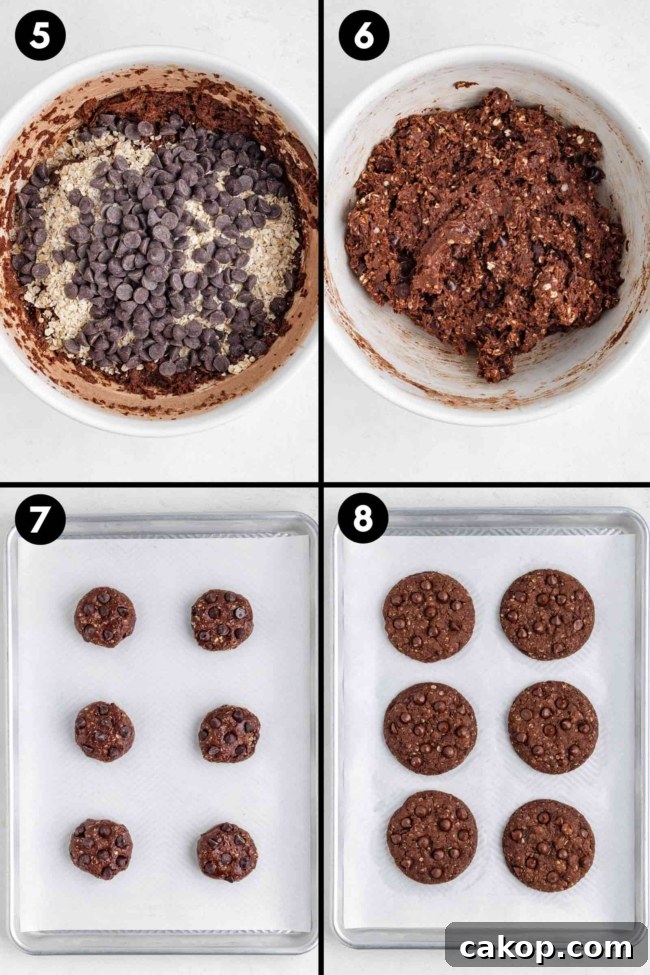 collage showing the adding of chocolate chips, mixing the dough together, rolling into balls and baking the cookies