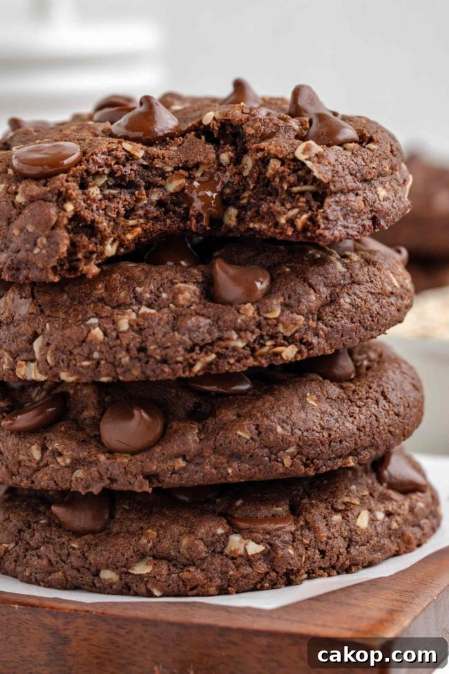 stack of 4 oatmeal cocoa cookies with a bite taken out of the top cookie