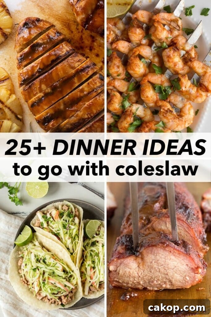 What to Serve with Coleslaw: 25+ Delicious Meal Ideas 2 a 4-picture collage of dinner ideas to serve with coleslaw, featuring grilled chicken, grilled shrimp, pork tacos, and smoked pork tenderloin.