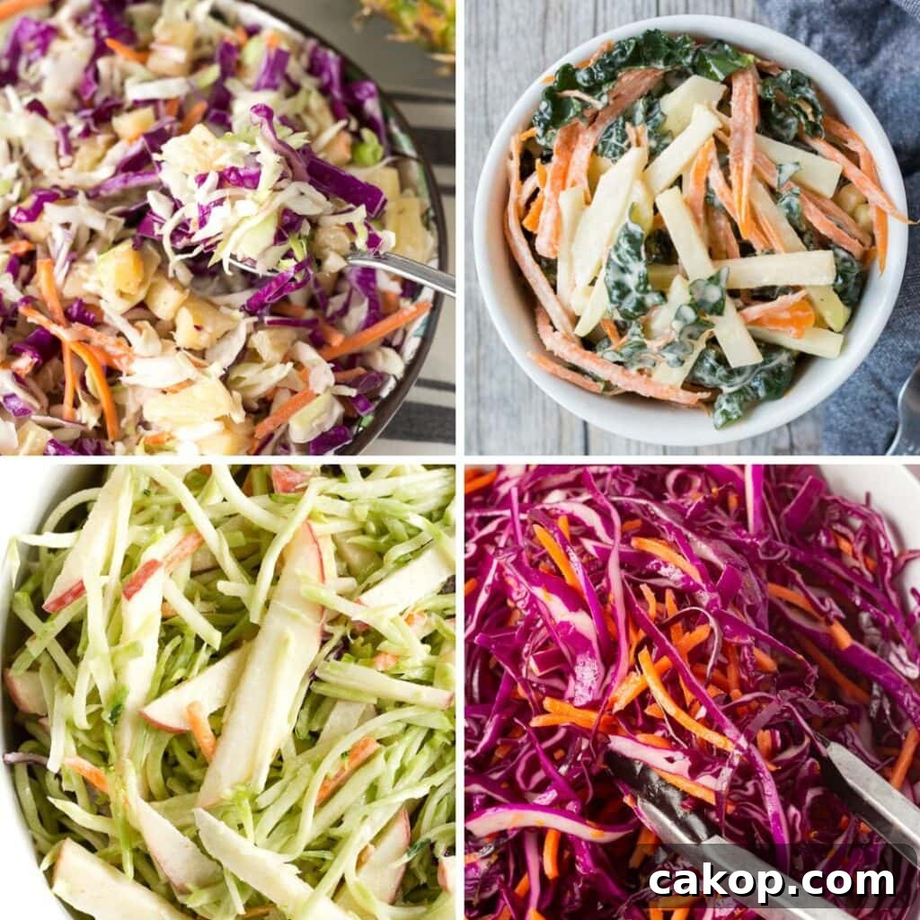 What to Serve with Coleslaw: 25+ Delicious Meal Ideas 5 a square collage image with 4 pictures of different types of coleslaw. Clockwise from top left is pineapple coleslaw, kale and carrot coleslaw, purple coleslaw, and apple broccoli slaw.