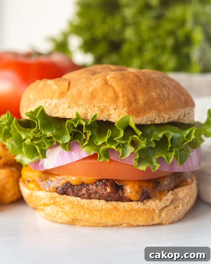 What to Serve with Coleslaw: 25+ Delicious Meal Ideas 7 straight on shot of a gluten free hamburger with lettuce, tomato, and tater tots in the background.