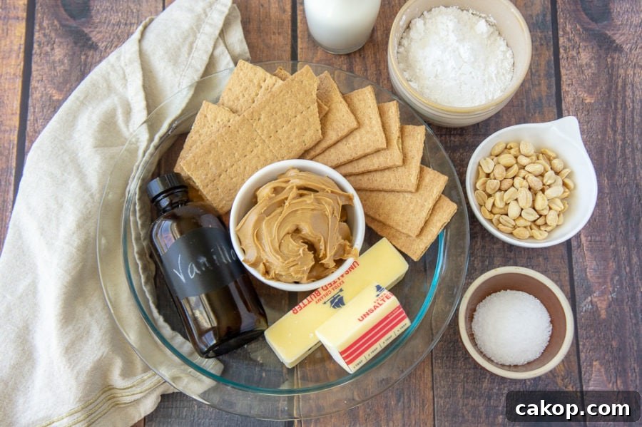 No-Bake Frozen Peanut Butter Pie Recipe for Creamy Dessert 3 a glass pie plate with graham crackers, peanut butter, butter, and vanilla extract in there, with a bowl of peanuts, salt, and powdered sugar set beside it on a wooden table