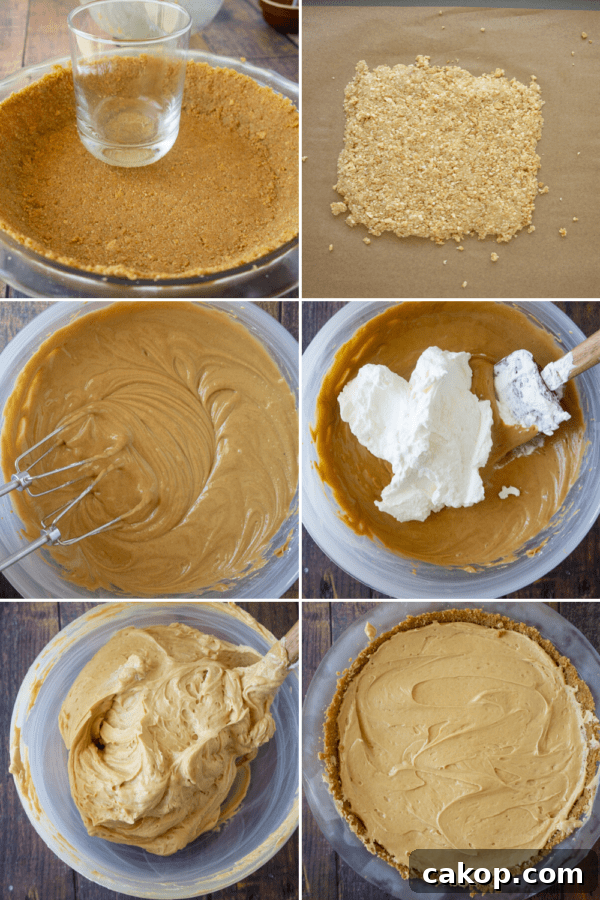 No-Bake Frozen Peanut Butter Pie Recipe for Creamy Dessert 4 graham cracker crust and peanut crumbles being formed beside a bowl of peanut butter filling being mixed with whipped cream and added to the pie crust