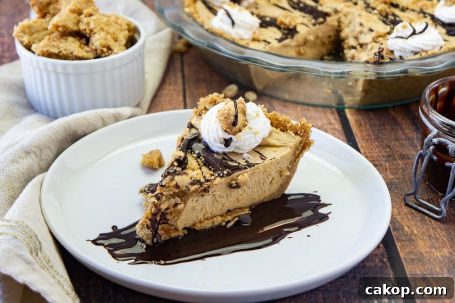 No-Bake Frozen Peanut Butter Pie Recipe for Creamy Dessert 5 a slice of frozen peanut butter pie on a white plate with fudge sauce on a wooden table