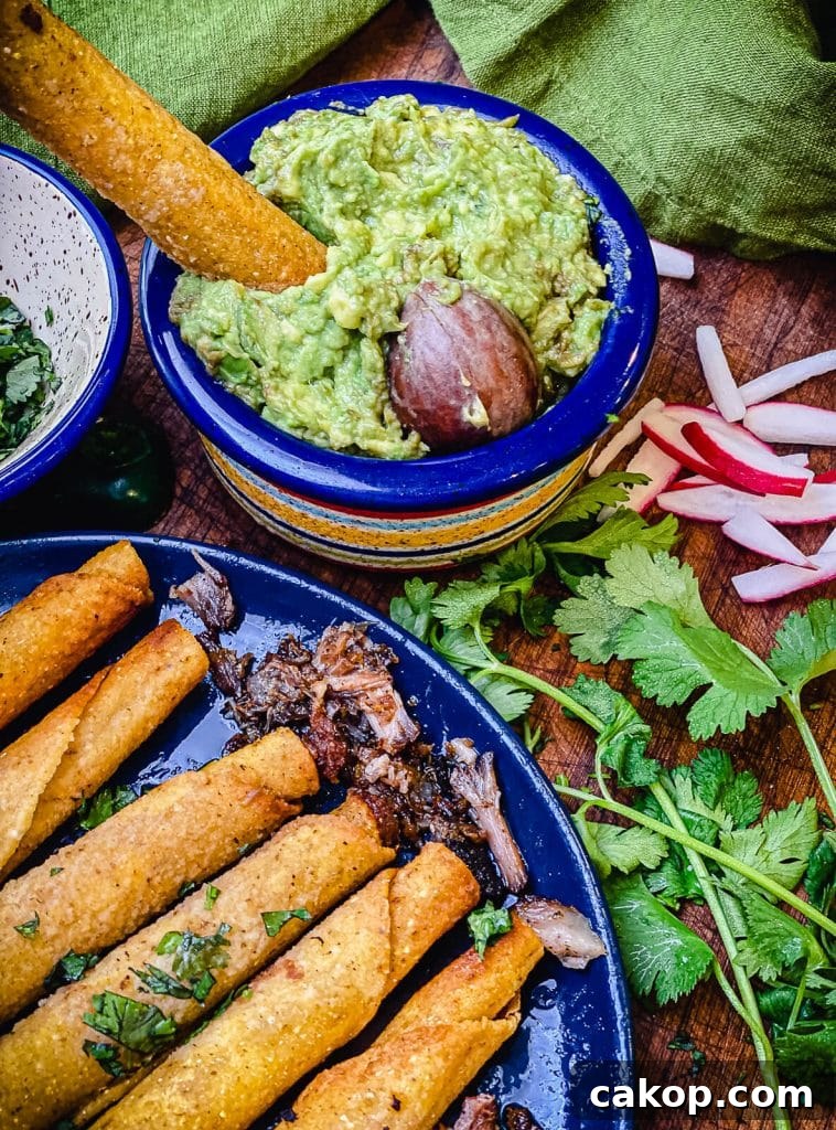 leftover carnitas taquitos in guacamole