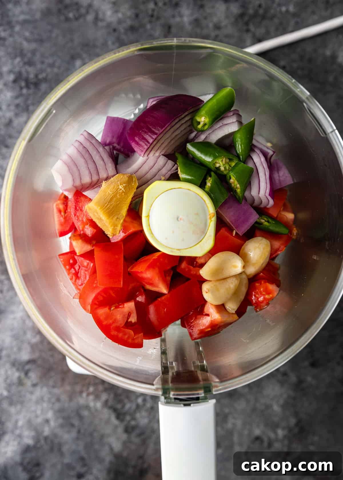 ingredients for Aloo Gobi Matar in food processor