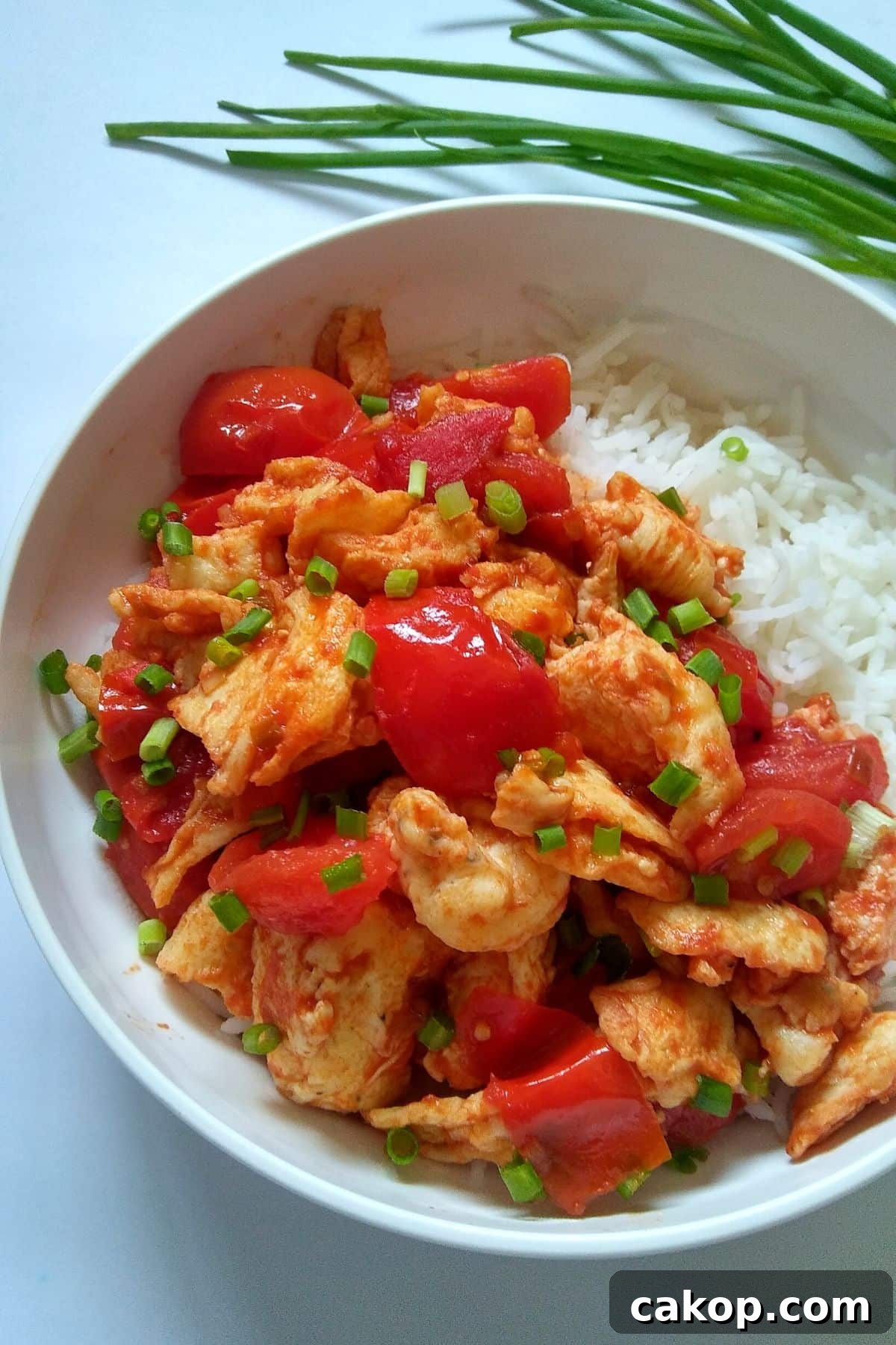 Image showing a close up of tomato egg dish served over steamed rice.