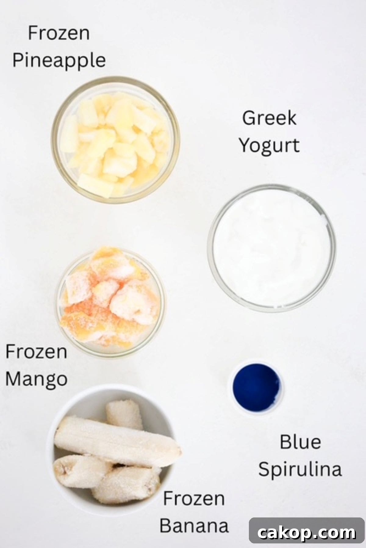 Blue Spirulina Smoothie Bowl Recipe for Instagram-Worthy Breakfast 3 Blue smoothie bowl ingredients, labeled.