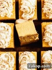 Pumpkin cheesecake bars from the top with slice turned over