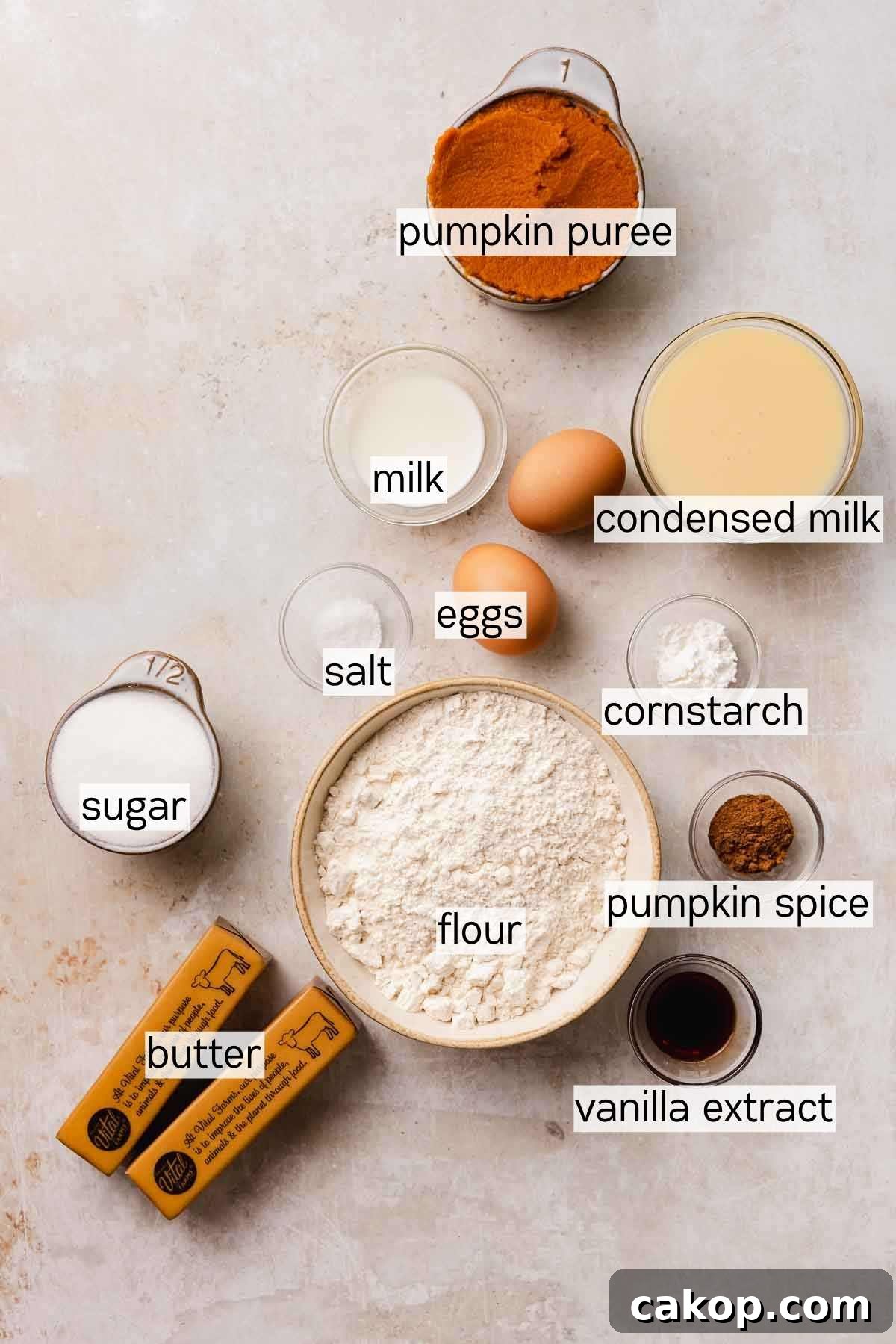 Creamy Pumpkin Pie Bars with Gingersnap Crust 4 Ingredients measured out and labeled for pumpkin pie bars