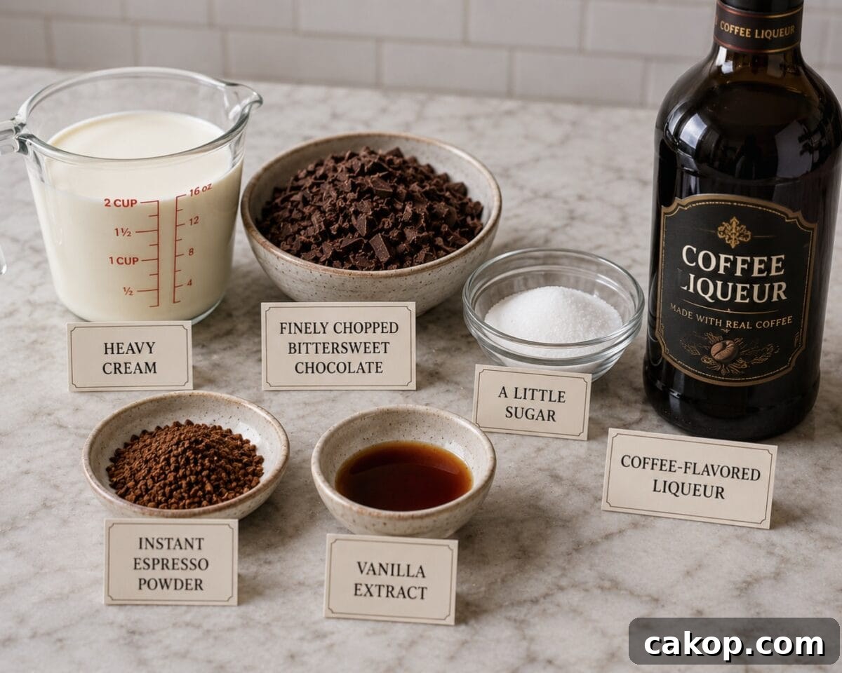 Ingredients including heavy cream, finely chopped bittersweet chocolate, sugar, instant espresso powder, vanilla extract and coffee liqueur on kitchen counter.