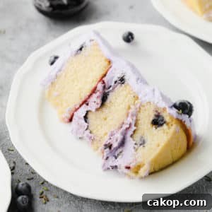 piece of cake on a plate with blueberries and purple frosting