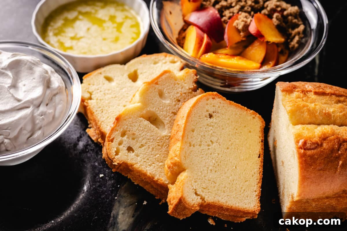 Grilled Pound Cake with Cinnamon-Smeared Peaches 3 Cake slices next to bowls of cream, peaches, and butter.